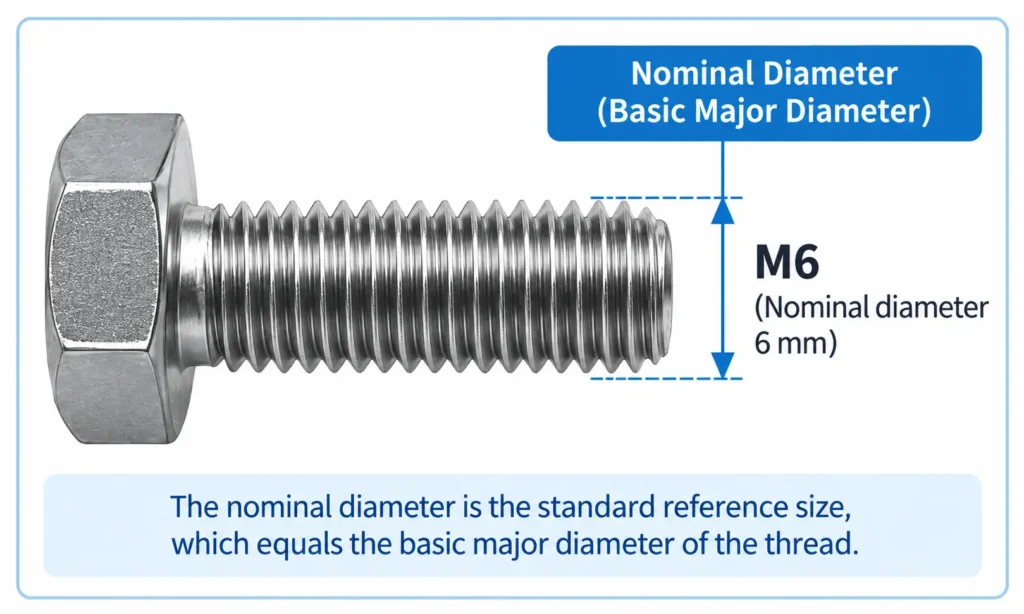 Technical diagram showing the nominal diameter of an M6 screw, measured across the thread crests as the basic major diameter.