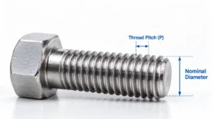 Technical image of a screw showing nominal diameter and thread pitch with blue measurement labels.