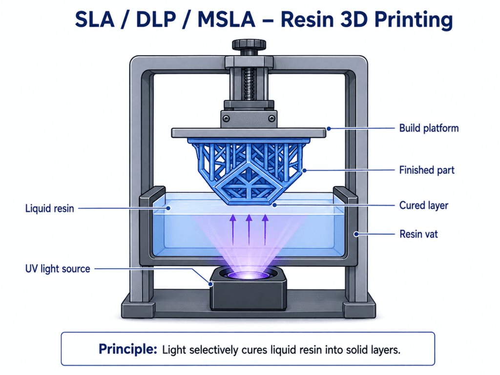 SLA DLP MSLA resin 3D printing process using UV light