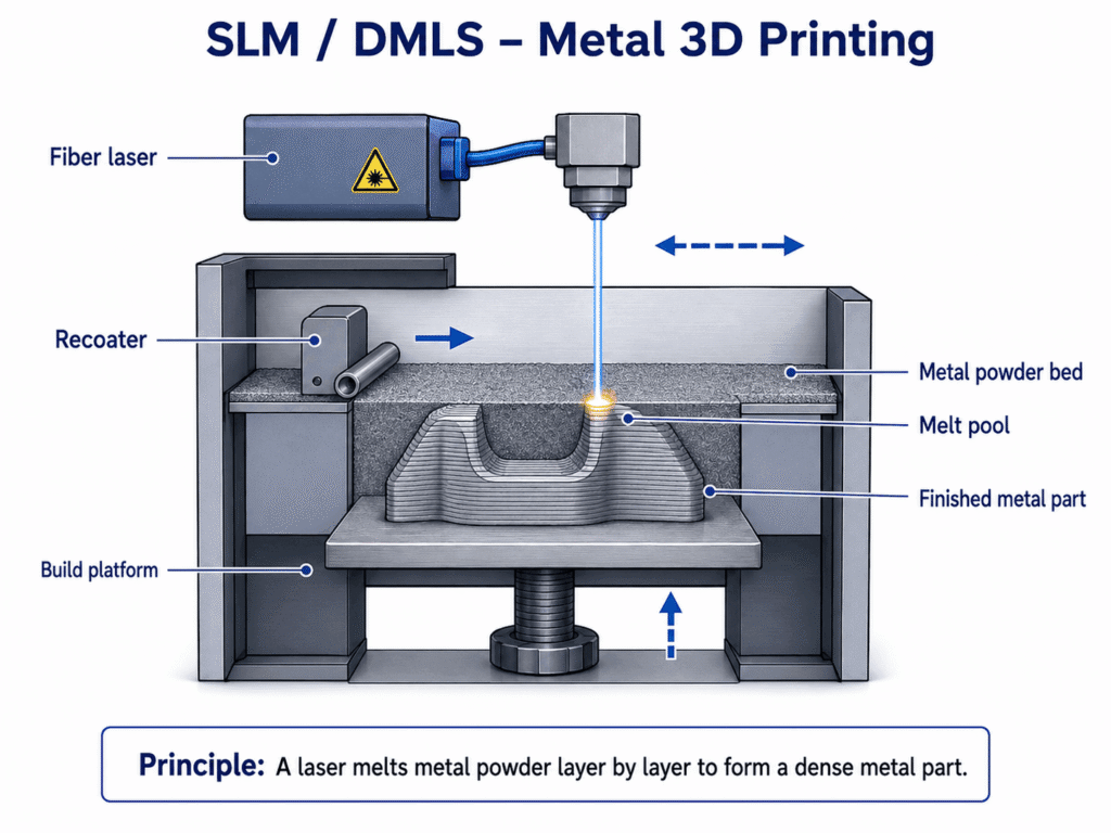 SLM DMLS metal 3D printing process using laser and metal powder