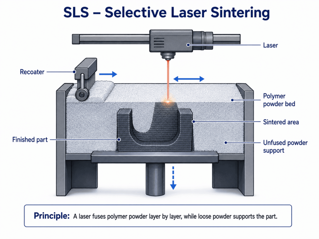 SLS selective laser sintering 3D printing process with polymer powder