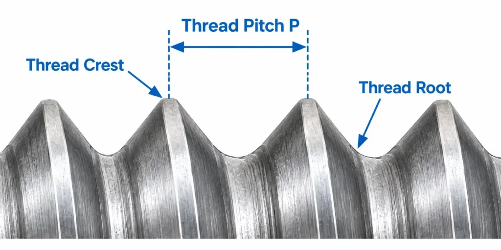 Technical diagram showing thread pitch measured between adjacent thread crests, with thread crest and thread root labeled.