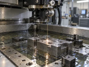Wire EDM machining process with electrical discharge cutting metal