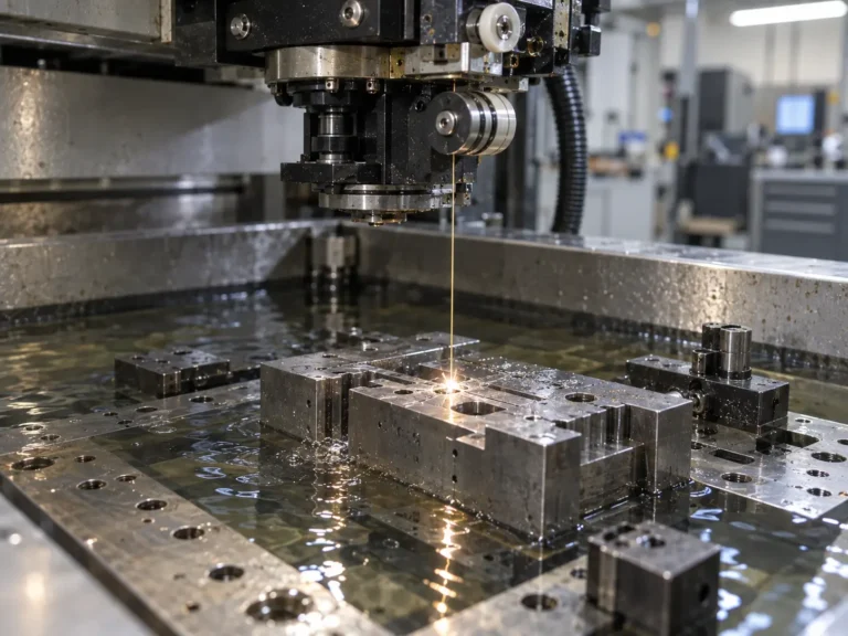 Wire EDM machining process with electrical discharge cutting metal