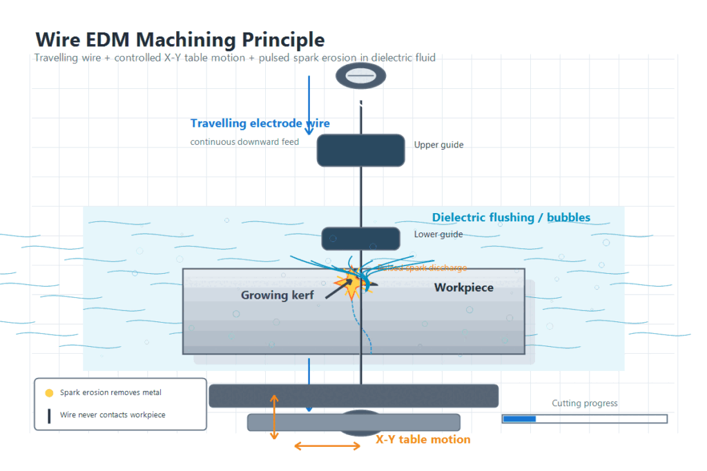 `Wire EDM machining principle animation showing a travelling electrode wire, spark discharge, dielectric flushing, and a growing kerf in the workpiece