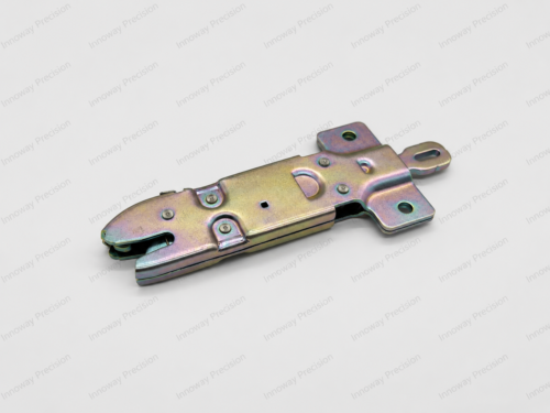 Automotive Trunk Latch Connector – Riveted Assembly Automotive trunk latch connector assembly with zinc-plated stamped steel components, stainless steel rivets and spring-loaded mechanism.