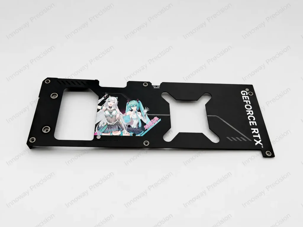 Custom aluminum GPU backplate with black anodizing, brushed metal finish and colorful UV-printed graphics.