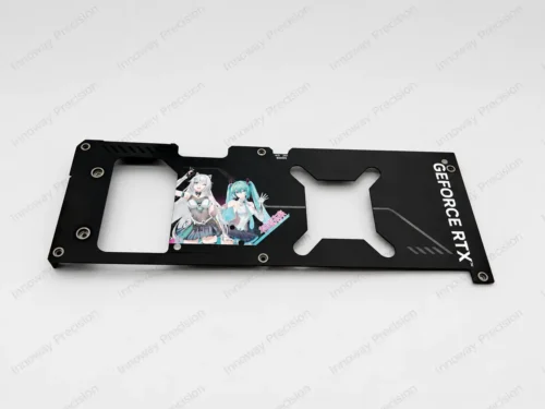 Custom Aluminum GPU Backplate with UV Printing Custom aluminum GPU backplate with black anodizing, brushed metal finish and colorful UV-printed graphics.