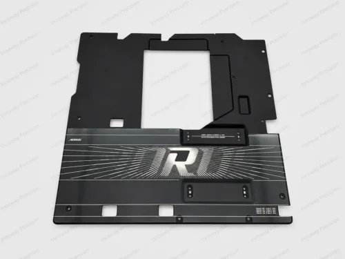 Custom Aluminum Motherboard Panel – Laser Engraved Finish Custom aluminum motherboard metal panel with black powder coating and laser-engraved metallic graphics.