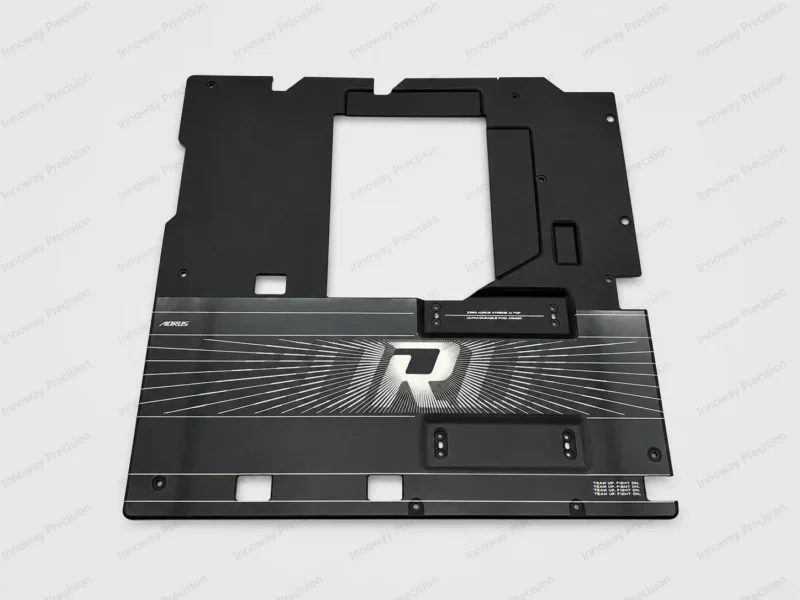 Custom Aluminum Motherboard Panel – Laser Engraved Finish Custom aluminum motherboard metal panel with black powder coating and laser-engraved metallic graphics.
