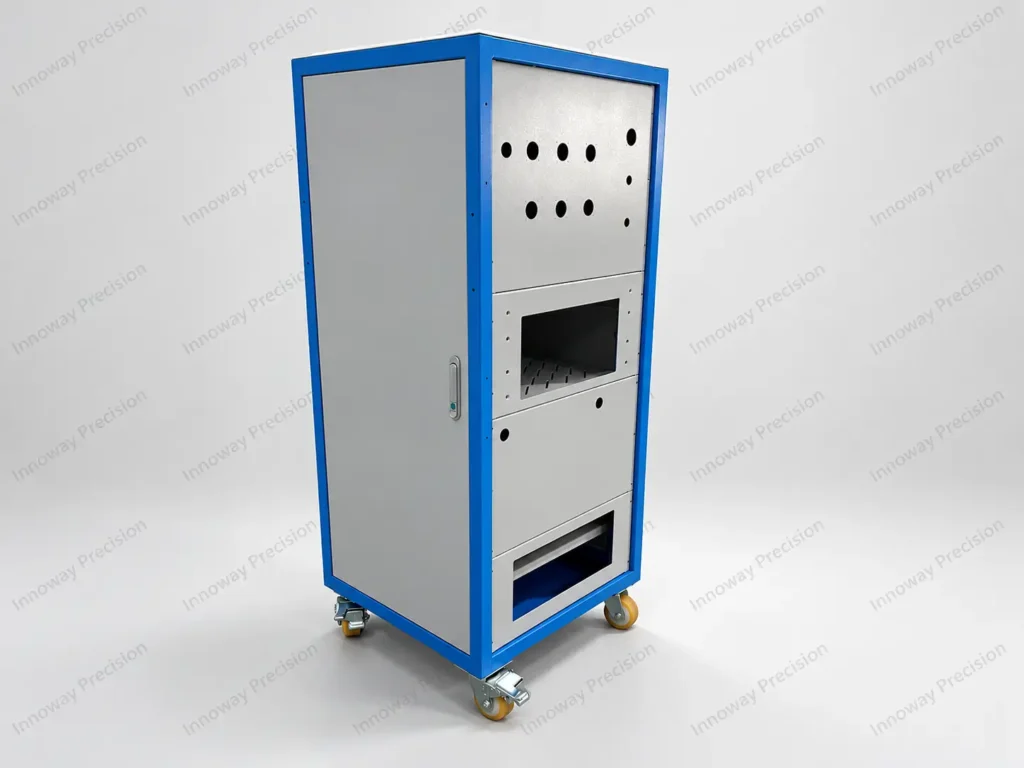 Custom sheet metal electrical cabinet with precision-cut mounting holes, rectangular equipment openings and blue powder-coated frame.
