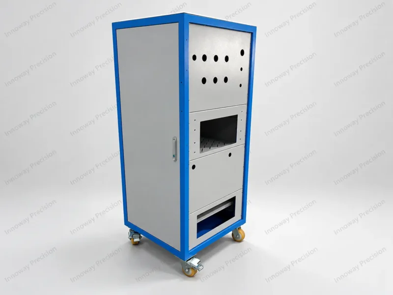 Electrical Control Cabinet – Custom Mounting Panel Custom sheet metal electrical cabinet with precision-cut mounting holes, rectangular equipment openings and blue powder-coated frame.