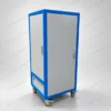 Custom Electrical Control Cabinet – Blue and White Finish Custom electrical control cabinet made from SPCC and galvanized steel with blue and white powder coating, access doors and caster wheels.