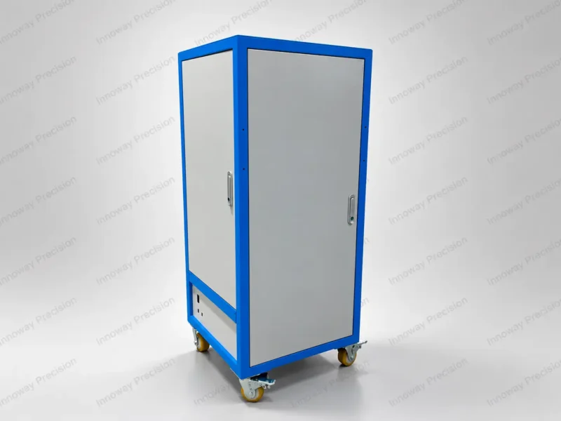 Custom Electrical Control Cabinet – Blue and White Finish Custom electrical control cabinet made from SPCC and galvanized steel with blue and white powder coating, access doors and caster wheels.