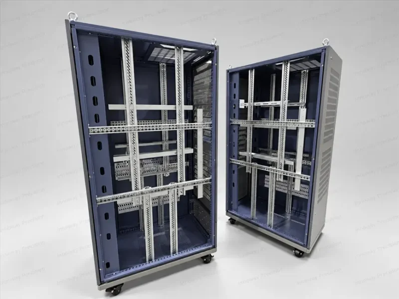 Custom Liquid Cooling Cabinet – Frame Assembly Two custom liquid cooling cabinet frames showing internal mounting rails, support structures and precision sheet metal assembly.