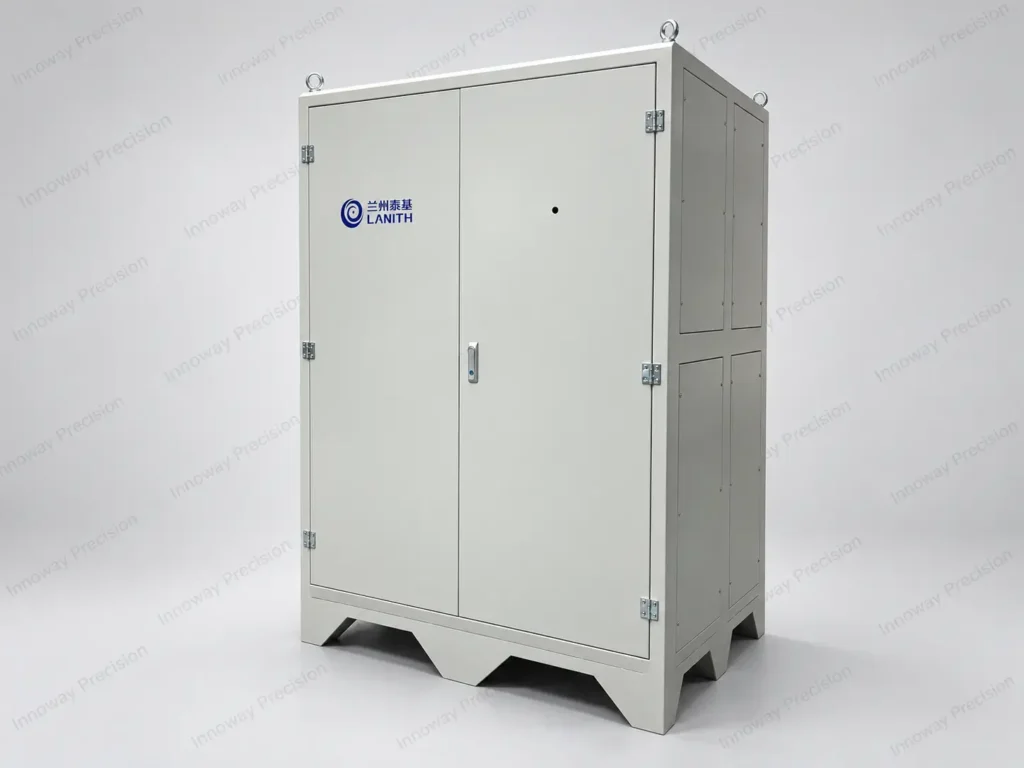 Heavy-duty liquid cooling cabinet made from galvanized steel, featuring double access doors, lifting eyes and a reinforced base.