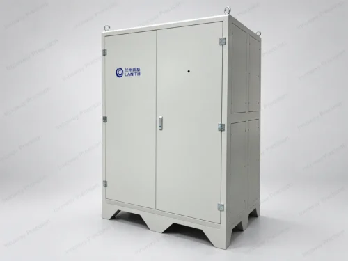 Heavy-Duty Liquid Cooling Cabinet – Front View Heavy-duty liquid cooling cabinet made from galvanized steel, featuring double access doors, lifting eyes and a reinforced base.
