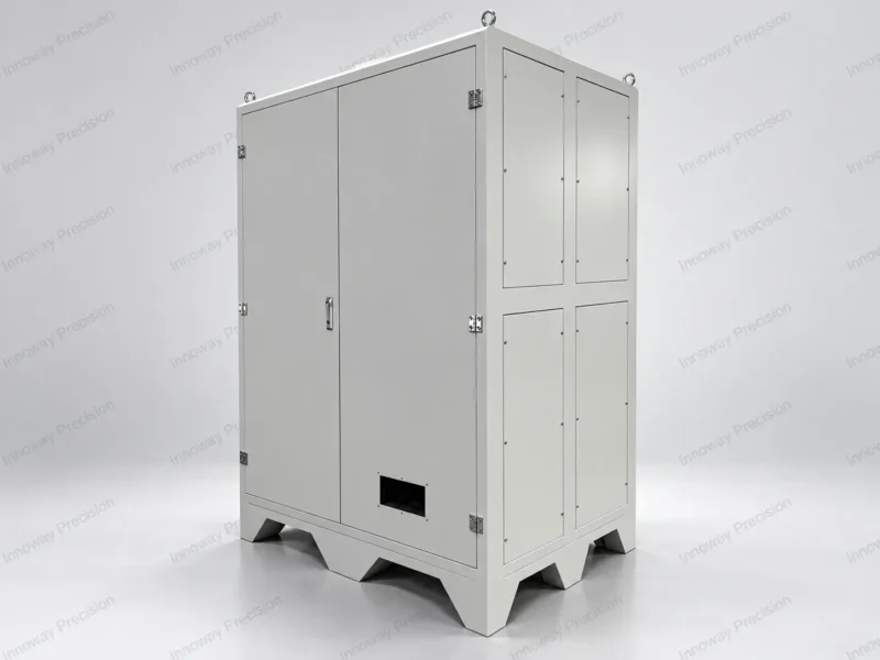 Industrial Liquid Cooling Cabinet – Modular Panel Structure Rear and side view of a large galvanized steel liquid cooling cabinet featuring removable panels, access openings and a reinforced base.