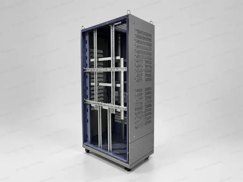 Liquid Cooling Cabinet – Internal Sheet Metal Frame Internal structure of a custom liquid cooling cabinet showing mounting rails, support brackets and ventilated panels.