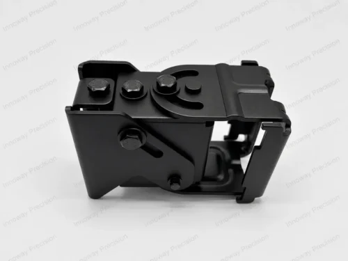 Monitor Wall Mount Bracket – Angle Adjustment Mechanism Custom monitor wall mount bracket with curved adjustment slots, pivot bolts and black-finished metal components.