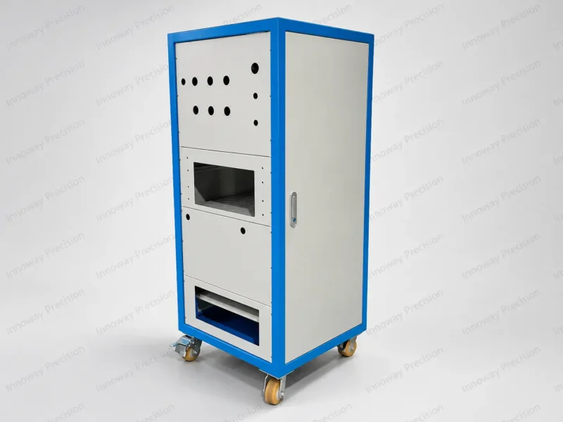 OEM Mobile Electrical Control Cabinet – Sheet Metal Enclosure Mobile electrical control cabinet featuring a blue steel frame, white powder-coated panels, equipment mounting holes and caster wheels.