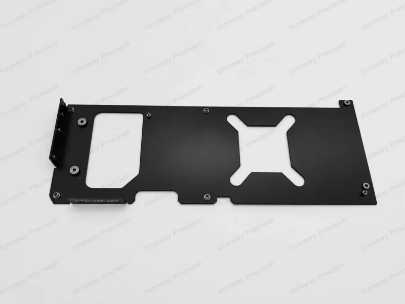 Custom Aluminum GPU Backplate – Rear View Rear view of a custom 1.5 mm aluminum GPU backplate showing precision mounting holes, cutouts and black anodized surface.