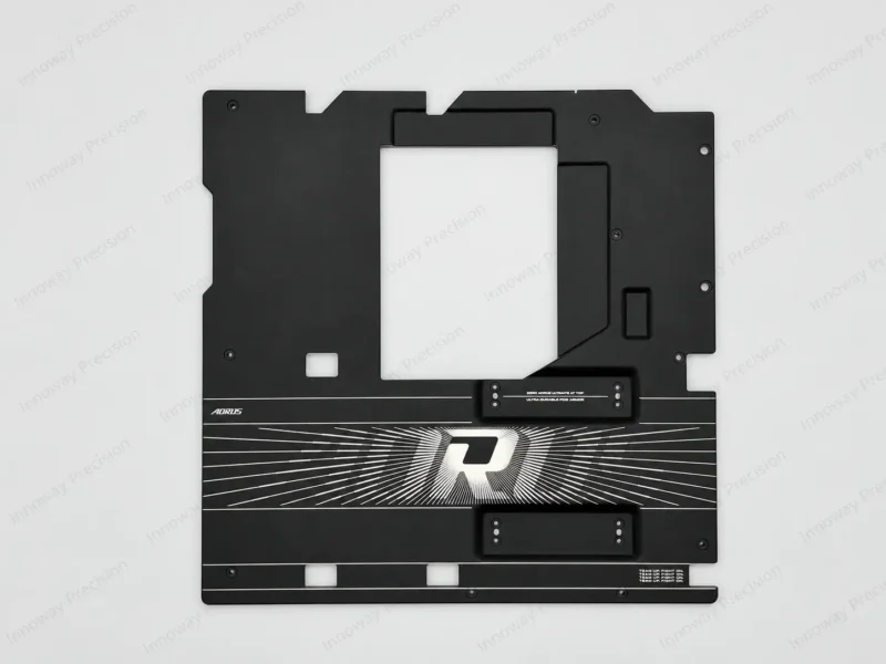 Precision Aluminum Motherboard Cover – Black Powder Coating Precision aluminum motherboard cover featuring mounting holes, formed sections, black powder coating and metallic laser engraving.