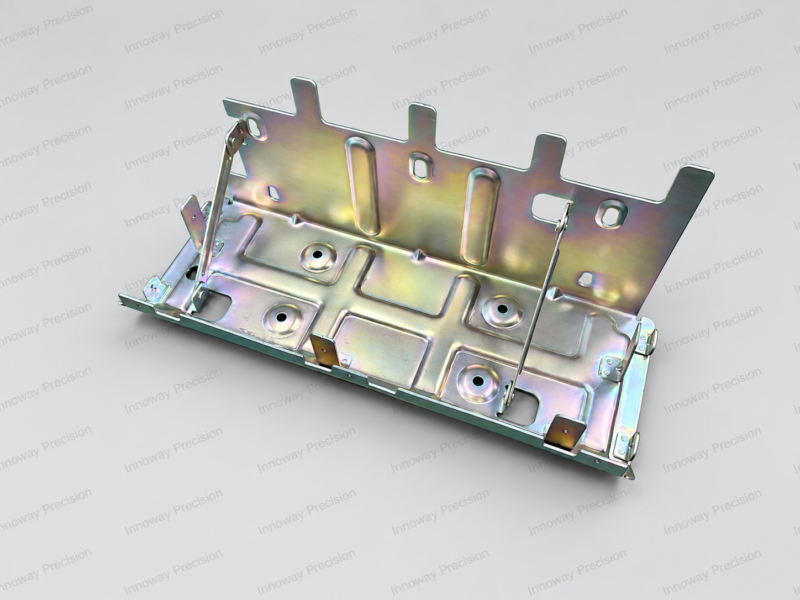 Precision Riveted Steel Bracket – Assembly Details Interior view of a precision steel bracket assembly showing riveted connections, stamped reinforcement ribs and metal supports.
