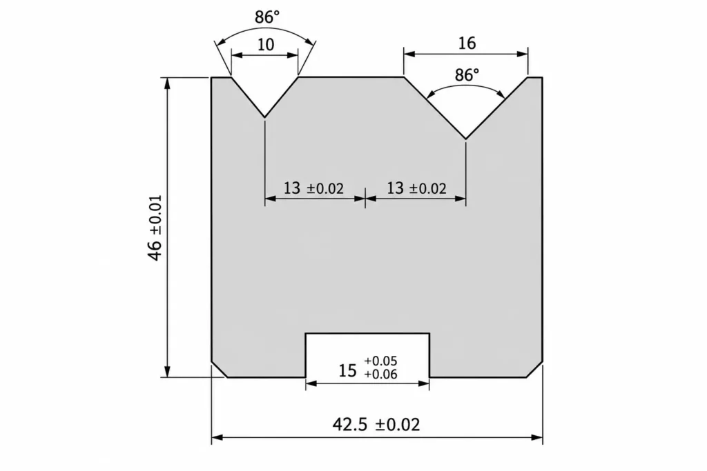 Cross-section drawing of a press brake double V-die with V10 and V16 openings and 86-degree V-grooves