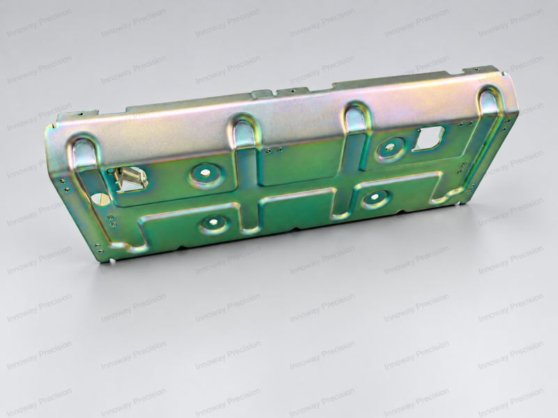 SPCC Stamped Steel Bracket – Colored Zinc Finish Rear view of a 2.0 mm SPCC stamped steel bracket with embossed reinforcement ribs, mounting holes and colored zinc plating.