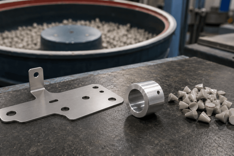 Finished sheet metal bracket and turned aluminum component displayed beside abrasive media in a workshop