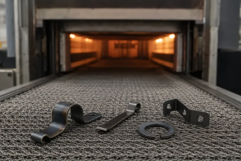 Close-up of formed 65Mn spring clips and brackets beside an industrial furnace