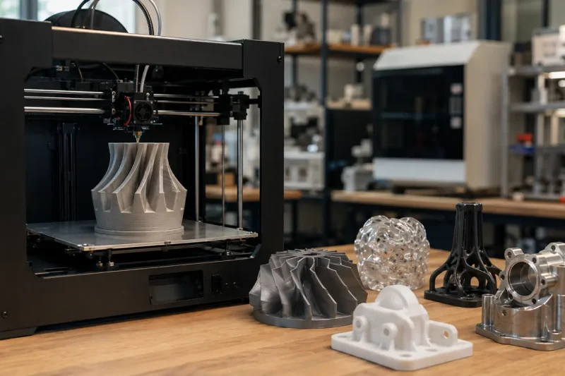 Industrial 3D printing workshop with functional plastic and metal parts