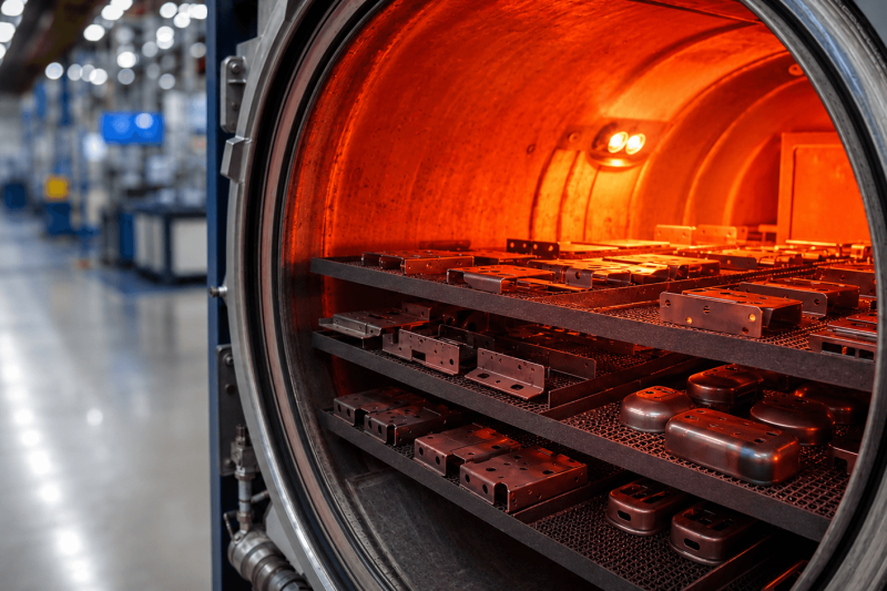 metal parts loaded on racks inside an industrial heat treatment furnace