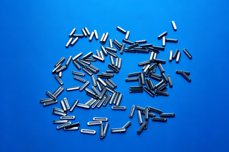 Burr-free miniature stamped metal strips after grinding, electroplating and 34 dyne surface testing