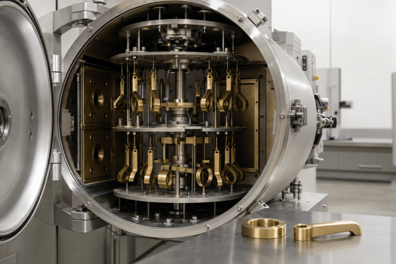 Gold PVD-coated metal components mounted on rotating fixtures inside an industrial vacuum coating chamber