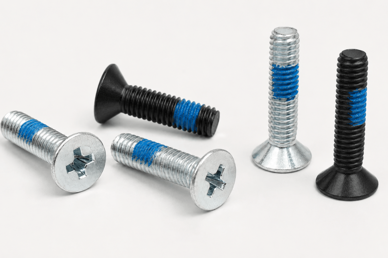 Zinc-plated and black oxide countersunk screws with blue pre-applied thread-locking patches