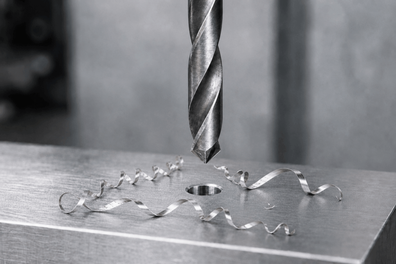 Twist drill aligned above a clean precision-machined hole in an metal plate
