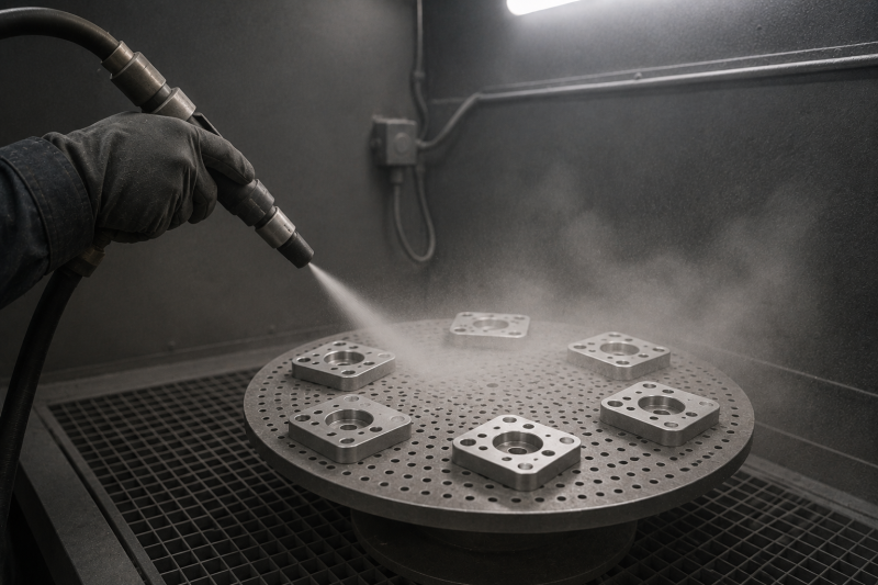 Sandblasting working principle showing compressed air accelerating abrasive particles through a nozzle onto a metal workpiece surface.