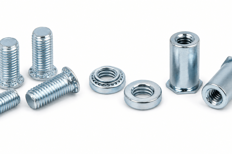 self-clinching nuts, threaded studs and standoffs showing external threads, internal threads and clinching features.