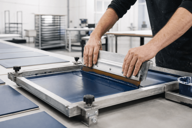 Silk screen printing process on a flat product panel in a workshop.