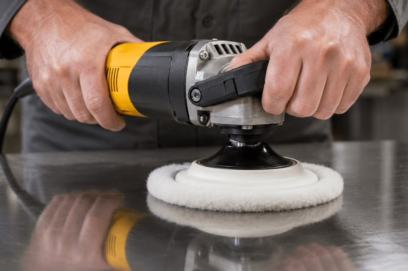 Technician buffing a stainless steel surface with a handheld rotary polisher and wool polishing pad