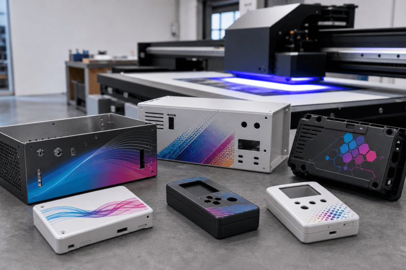 UV printing on sheet metal and plastic enclosures with a flatbed printer