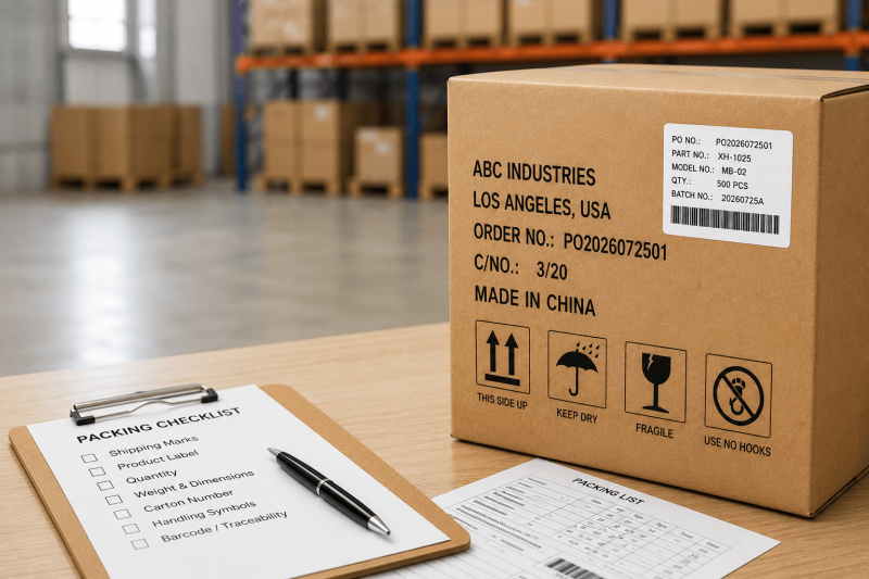 Warehouse packing station with a labeled export carton, packing checklist and shipment documents ready for final verification