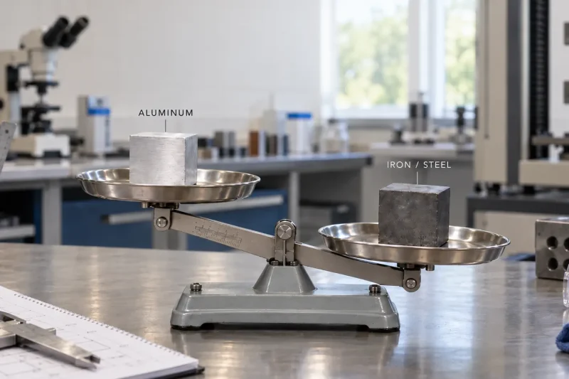 Laboratory balance comparing the density of aluminum and iron steel with equal-size metal cubes