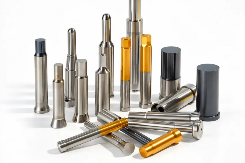 Different punch pins with various surface treatments and coatings used in stamping dies