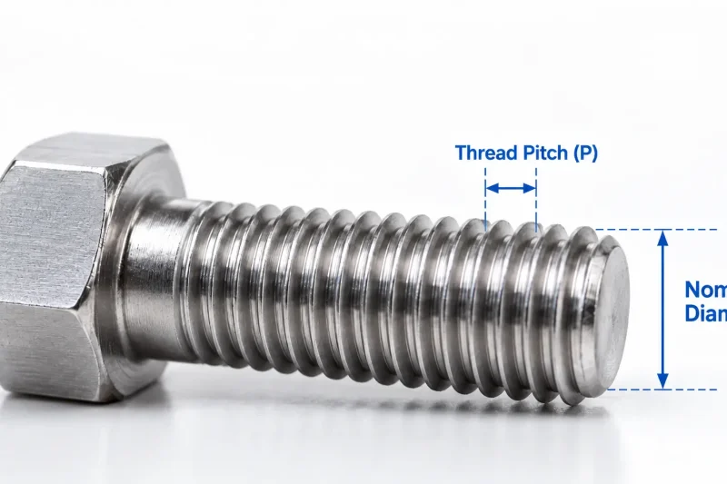 Technical image of a screw showing nominal diameter and thread pitch with blue measurement labels.