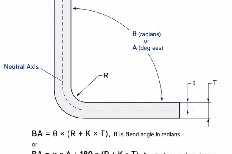 Sheet metal bend allowance diagram showing neutral axis, K factor, bend radius, material thickness and bend angle