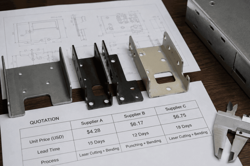 Sheet metal quotation comparison showing fabrication cost differences caused by material, process, tolerance and DFM