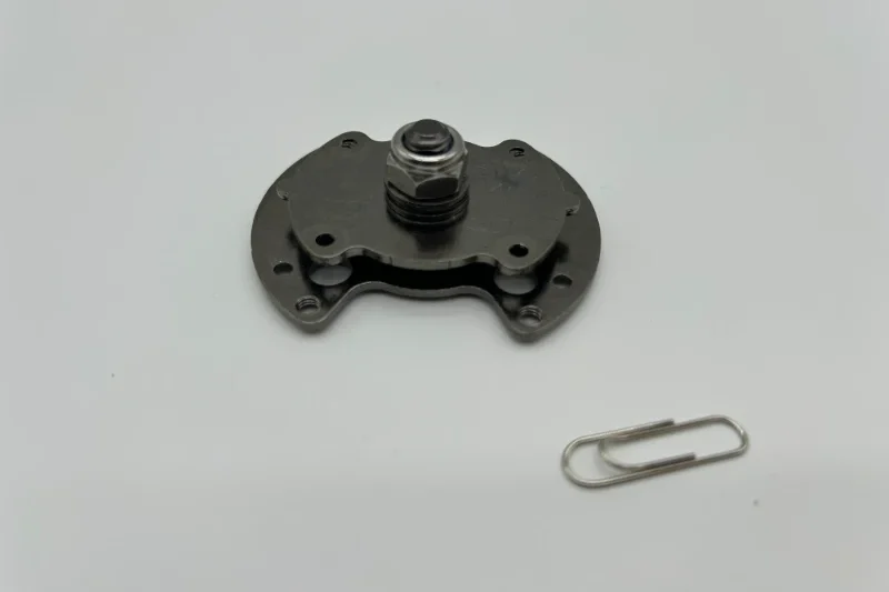 Custom SK7 stamped torque hinge assembly with black nickel plating and central pivot shaft